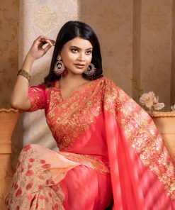 Alternative view of পিংক কালার ওয়েটলেস সফট জর্জেট ফেব্রিক এমব্রয়ডারি কাজ করা পার্টি শাড়ি