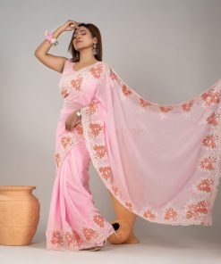 Alternative view of ওয়েটলেস সফট জর্জেট ফেব্রিকের এমব্রয়ডারি এবং সিকুয়েন্সের কাজ করা পার্টি শাড়ি