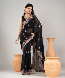 ব্ল্যাক কালার ওয়েটলেস সফট জর্জেট ফেব্রিক এমব্রয়ডারি কাজ করা পার্টি শাড়ি