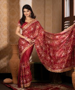 Alternative view of মেরুন কালার সফট চিনিগুড়া সিল্ক ফেব্রিক এমব্রয়ডারি কাজ করা পার্টি শাড়ি।