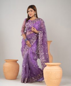 বেগুনী কালার ওয়েটলেস সফট অরগাঞ্জা ফেব্রিকের এমব্রয়ডারি করা পার্টি শাড়ি