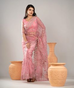পিংক কালার ওয়েটলেস সফট অরগাঞ্জা ফেব্রিকের এমব্রয়ডারি করা পার্টি শাড়ি