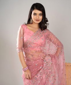 Alternative view of পিংক কালার ওয়েটলেস সফট অরগাঞ্জা ফেব্রিকের এমব্রয়ডারি করা পার্টি শাড়ি