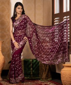 Alternative view of বেগুনী কালার ওয়েটলেস সফট জর্জেট ফেব্রিকের এমব্রয়ডারি কাজ করা পার্টি শাড়ি।