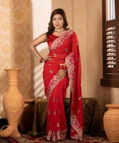 রেড কালার ওয়েটলেস সফট জর্জেট ফেব্রিক এমব্রয়ডারি কাজ করা পার্টি শাড়ি