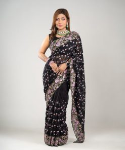 ব্ল্যাক কালার ওয়েটলেস সফট জর্জেট ফেব্রিকের এমব্রয়ডারি কাজ করা পার্টি শাড়ি