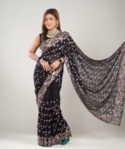 Alternative view of ব্ল্যাক কালার ওয়েটলেস সফট জর্জেট ফেব্রিকের এমব্রয়ডারি কাজ করা পার্টি শাড়ি