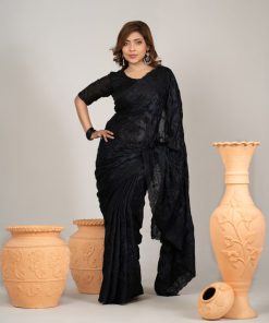 ব্ল্যাক কালার ওয়েটলেস সফট চিনিগুড়া সিল্ক ফেব্রিক এমব্রয়ডারি কাজ করা পার্টি শাড়ি।